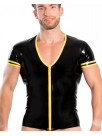 Latex V-neck T-shirt with double arm stripes and zipper