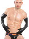 Long sleeved black rubber gloves